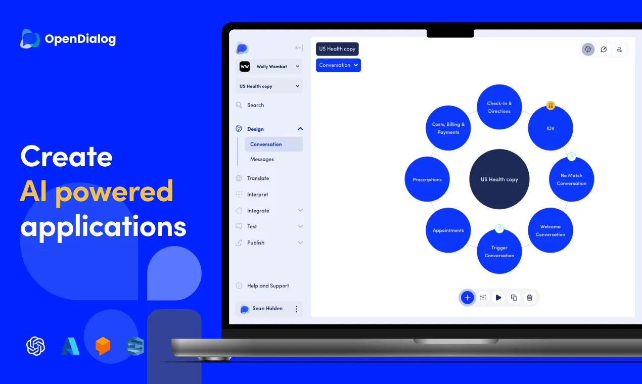 The Open dialog conversation engine displaying features available to build robust conversations