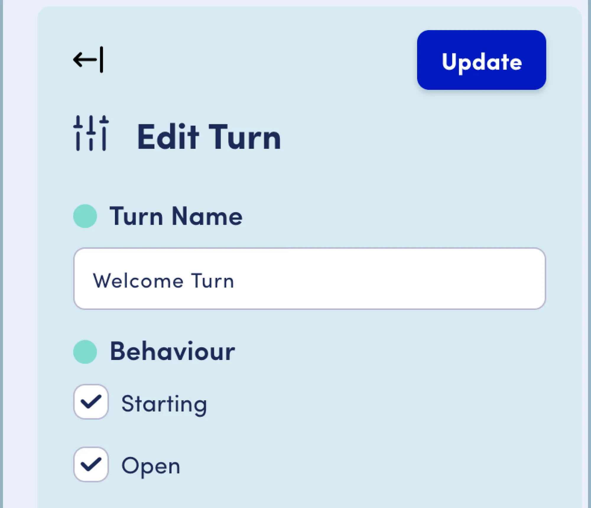 Screen showing the edit turn area of the component pane.