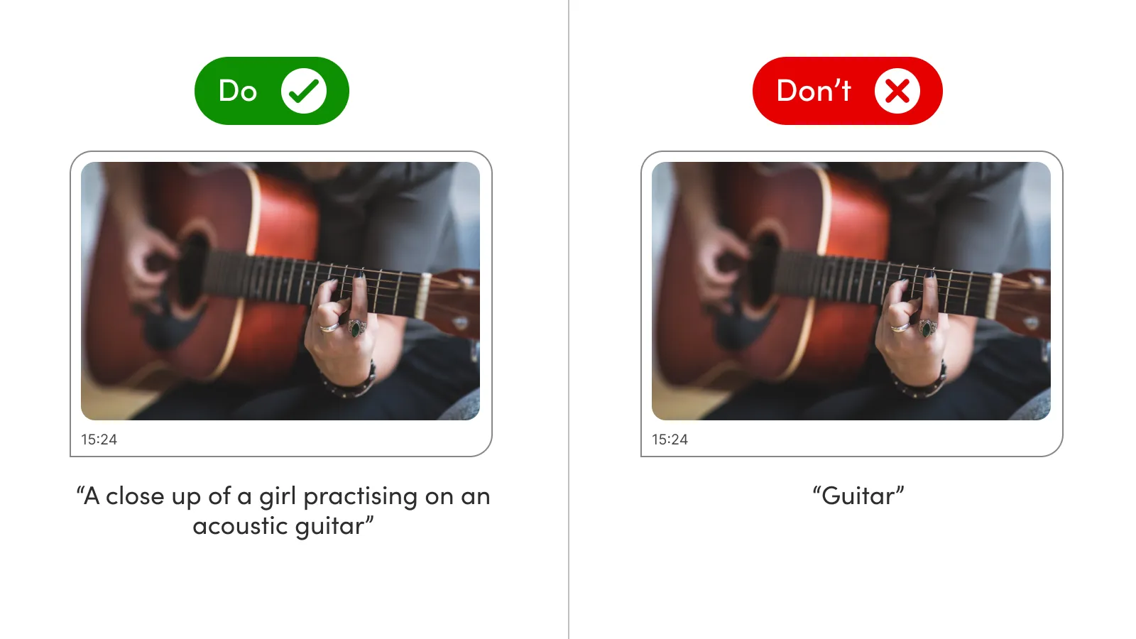 An example of writing good alt tags using a photo of a girl practising the guitar. The first is descriptive of the image content. The second example says only 'guitar'.
