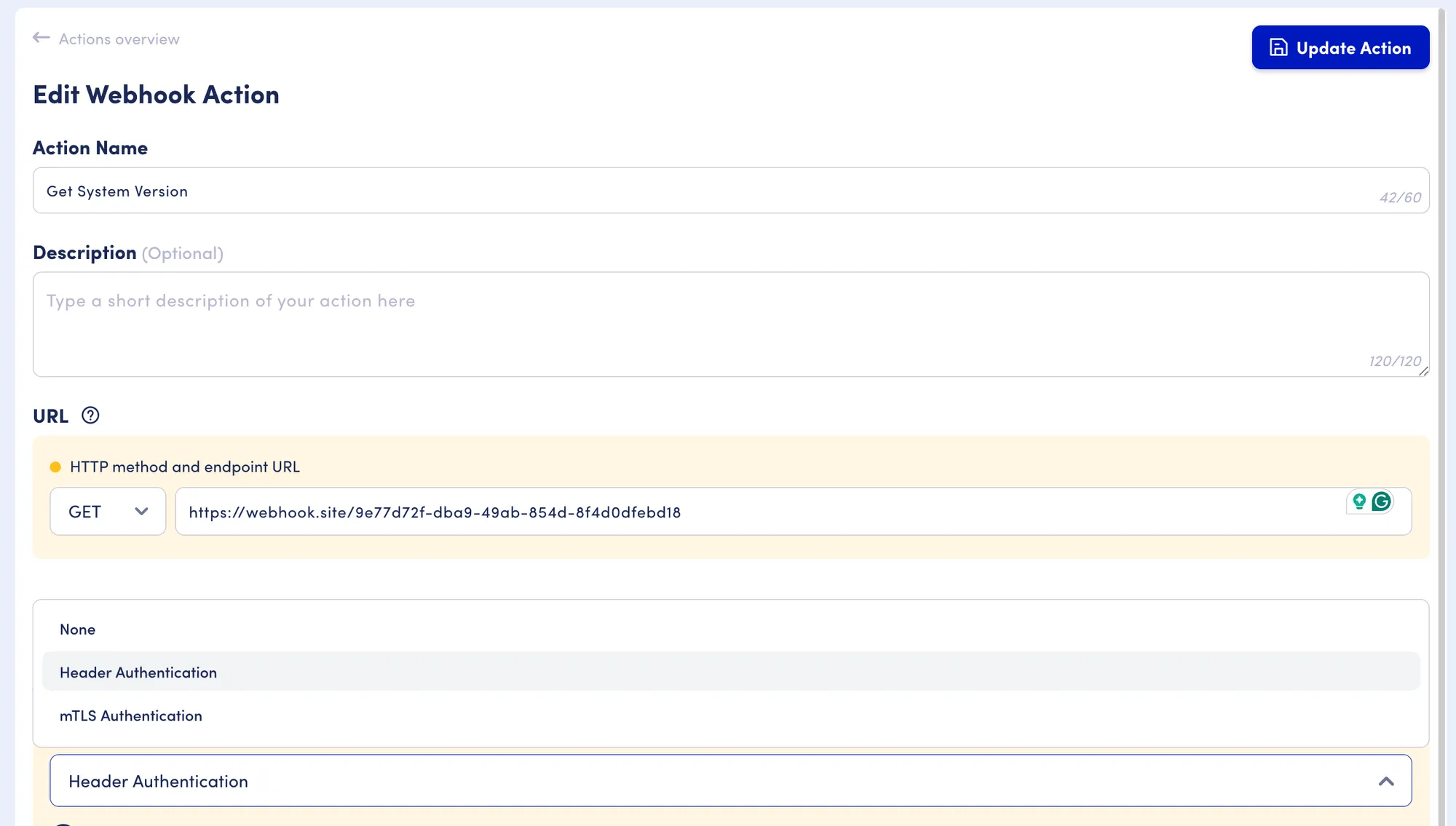 Authentication method selection showing Header, mTLS, and OAuth2 options