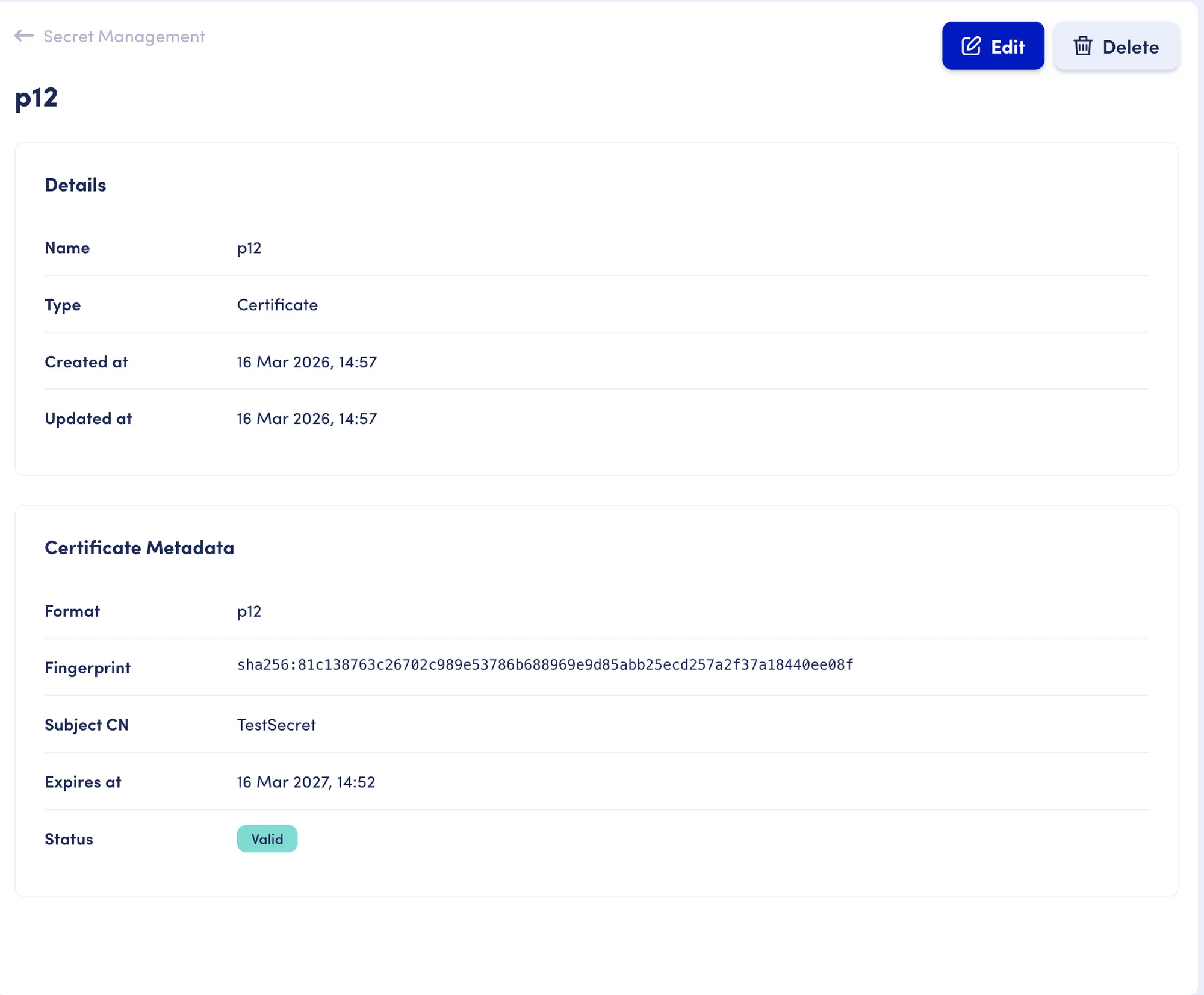 Certificate detail page showing metadata including format, fingerprint, subject CN, expiration date, and validity status