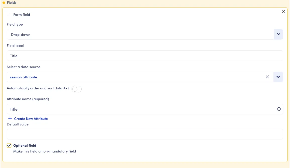 An image of the Form Select Designer. From Top to bottom we have 6 input fields with the following labels: 'Field type', 'Field label', 'Select a data source', 'Attribute name' and 'Default value'. There is also a checkbox beneath that toggles if the field is optional (default setting) or mandatory.