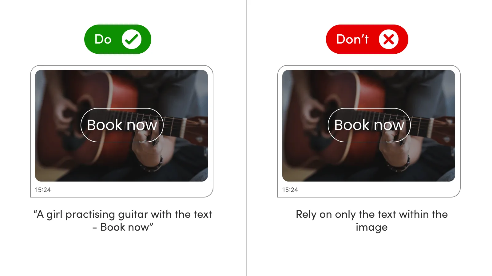 A side by side comparison of the same image, with a girl practising guitar and a text overlay saying 'Book now'.