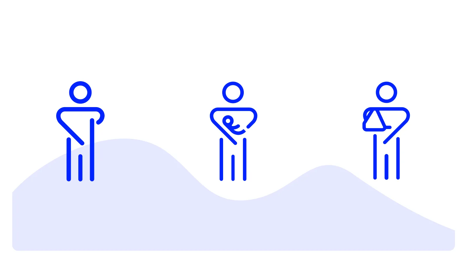 Side by side stand a person with one arm, a person carrying a child, and a person with an injured arm in a sling