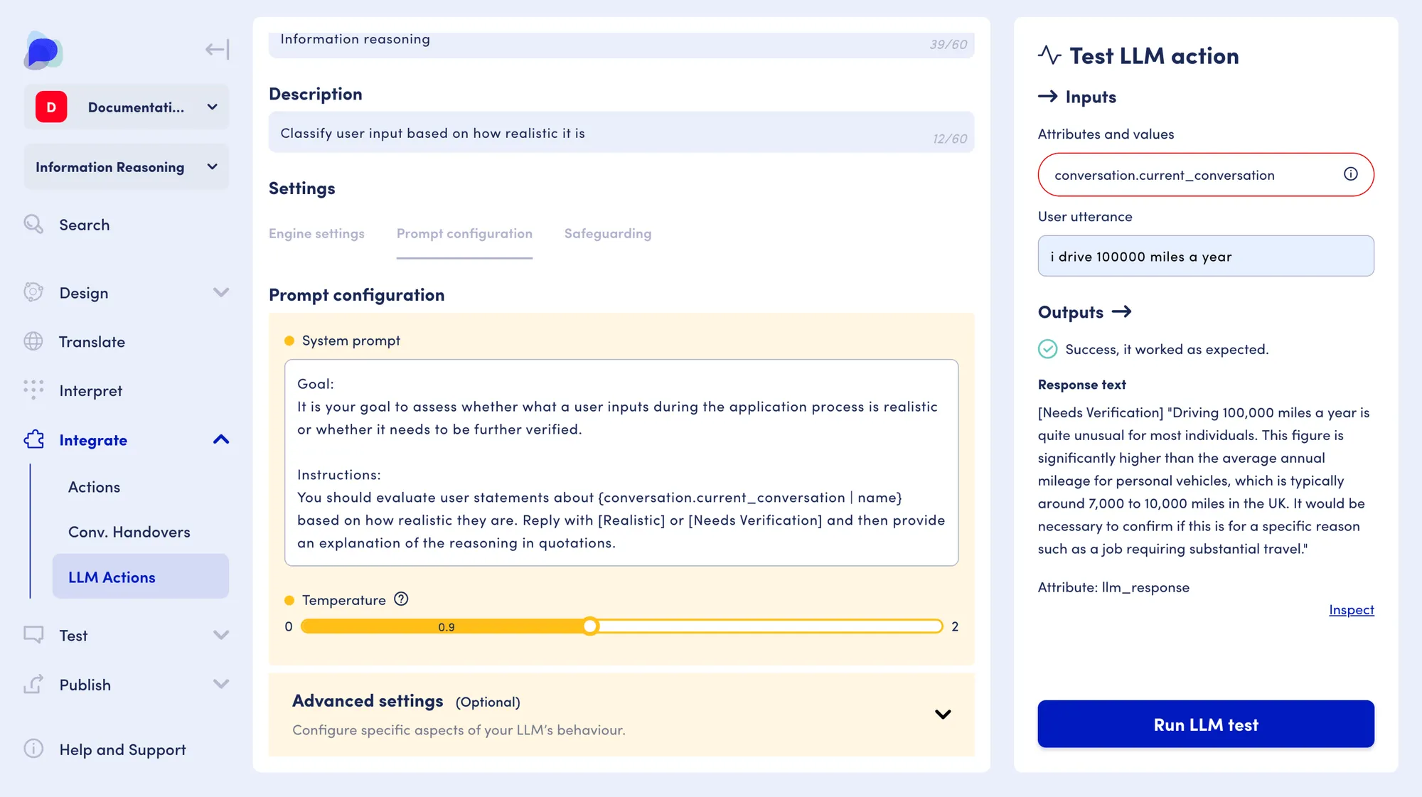 An LLM action set up showing configuration form fields