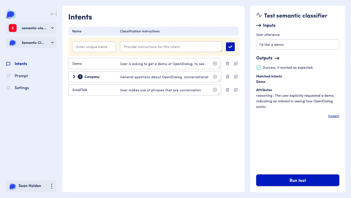 The Semantic intent classifier, showing a list of intents and sub intents with instructions 