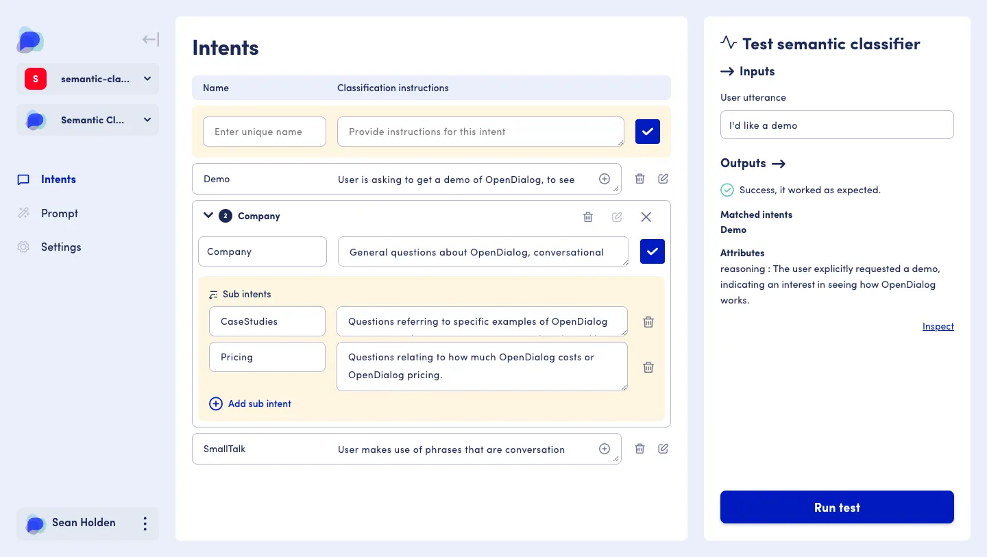 Editing intents using the user interface tools