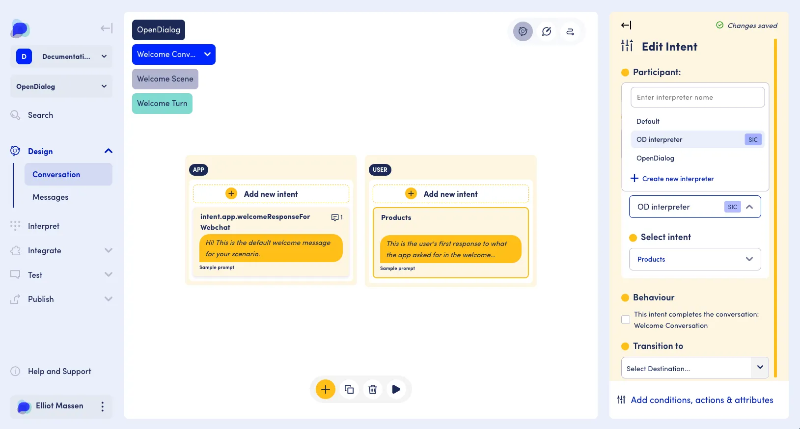 The opendialog conversation designer, showing an open side user intent side bar 